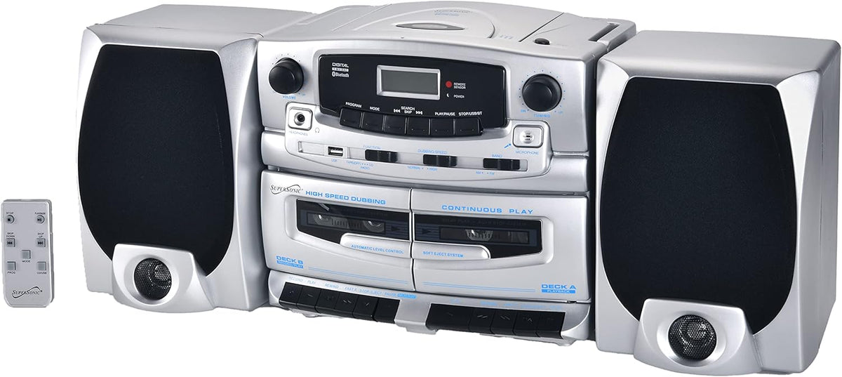 Supersonic SC-2121BT Bluetooth Entertainment Audio System, Bluetooth 5.0, op Loading MP3/CD Player, AM/FM Radio, USB Input, Double Cassette Recorder, High-Performance Detachable Speakers, AC/DC