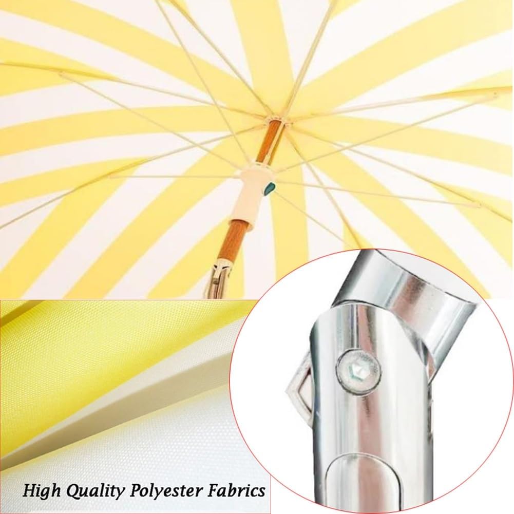 7FT Boho Fringe Patio Umbrella - Outdoor Garden Parasol for Beach Deck - Yellow and White Stripes - Stylish Vintage Tassels - Push Button Tilt