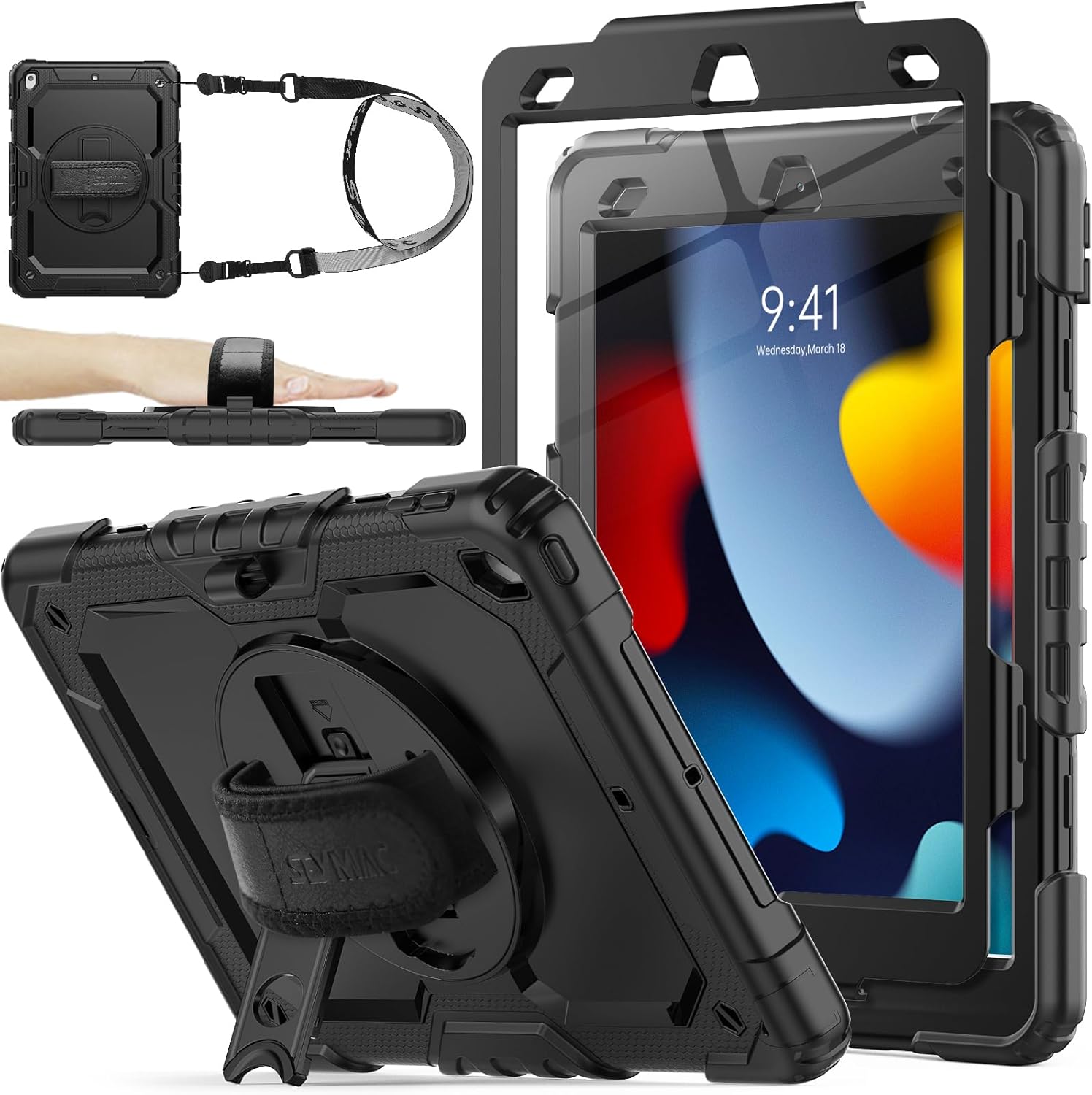 SEYMAC stock Case for iPad 9th/ 8th/ 7th Generation 10.2'', Shockproof with Screen Protector, Pencil Holder 360° Rotating Hand Strap & Stand, for iPad 10.2 inch 2021-2019 (Black)