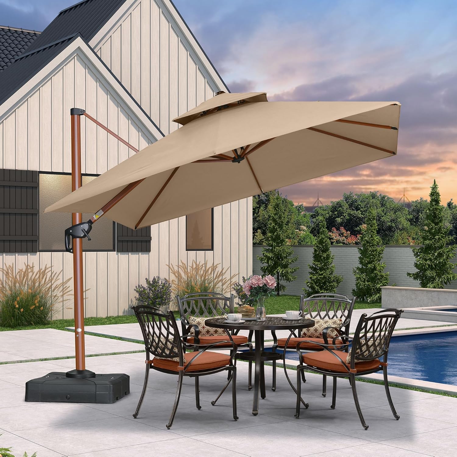 PURPLE LEAF 10' X 10' Patio Large Cantilever Umbrella Outdoor Square Wood Umbrellas Offset Umbrella Heavy Duty Sun Umbrellas for Garden Deck Pool, Spectrum Sand