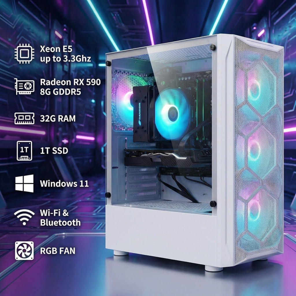 STGAubron Gaming PC Desktop Computer, Intel Xeon E5 2.5G up to 3.3GHz, Radeon RX 590 8G, 32GB RAM, 1TB SSD, WiFi, BT 5.0, RGB Fan x4, Windows 11 Home,White