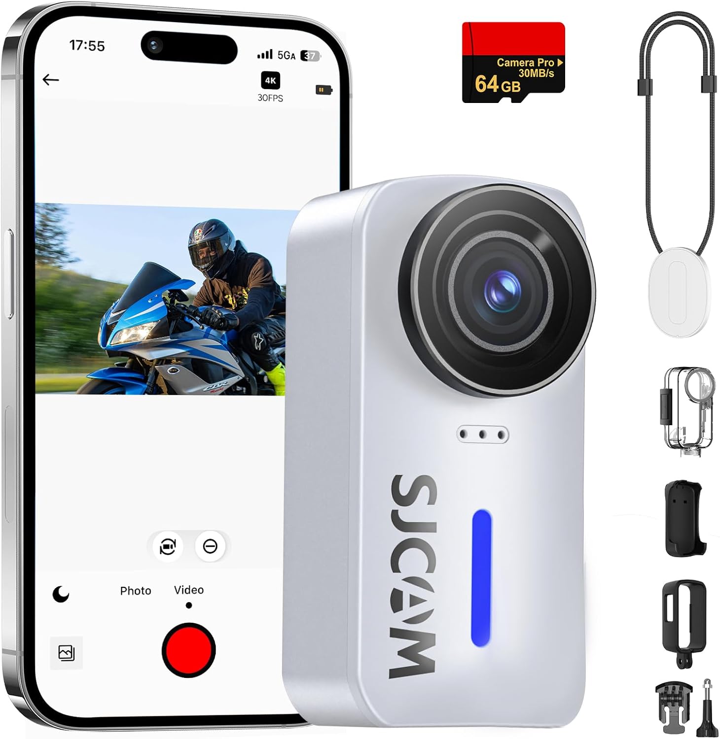 SJCAM C110+ 4K Mini Body Camera with 6-Axis Gyro Stabilizer,170° Wide Angle Magnetic POV Wearable Action Cam, 30M Waterproof, 64GB Card, Hands-Free Recording for Helmet, Motorcycle & Vlogging