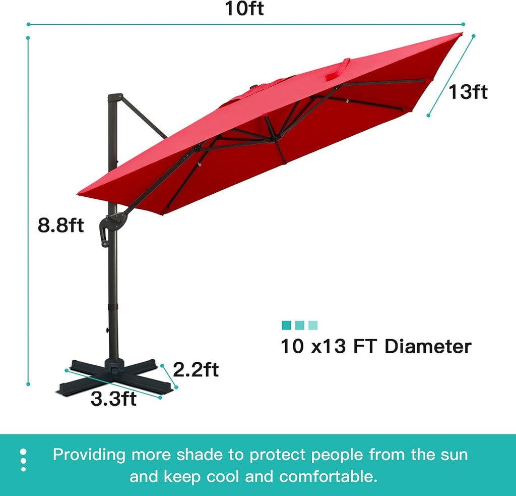 Sunnyglade 10x13Ft Cantilever Patio Umbrella Rectangular Deluxe Offset Umbrella 360°Rotation & Integrated Tilting System Patio Hanging Umbrella for Market Garden Deck Pool Backyard Patio(Red)