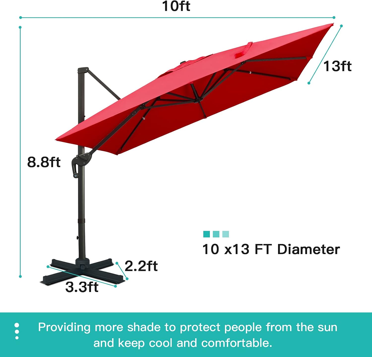 Sunnyglade 10x13Ft Cantilever Patio Umbrella Rectangular Deluxe Offset Umbrella 360°Rotation & Integrated Tilting System Patio Hanging Umbrella for Market Garden Deck Pool Backyard Patio(Red)