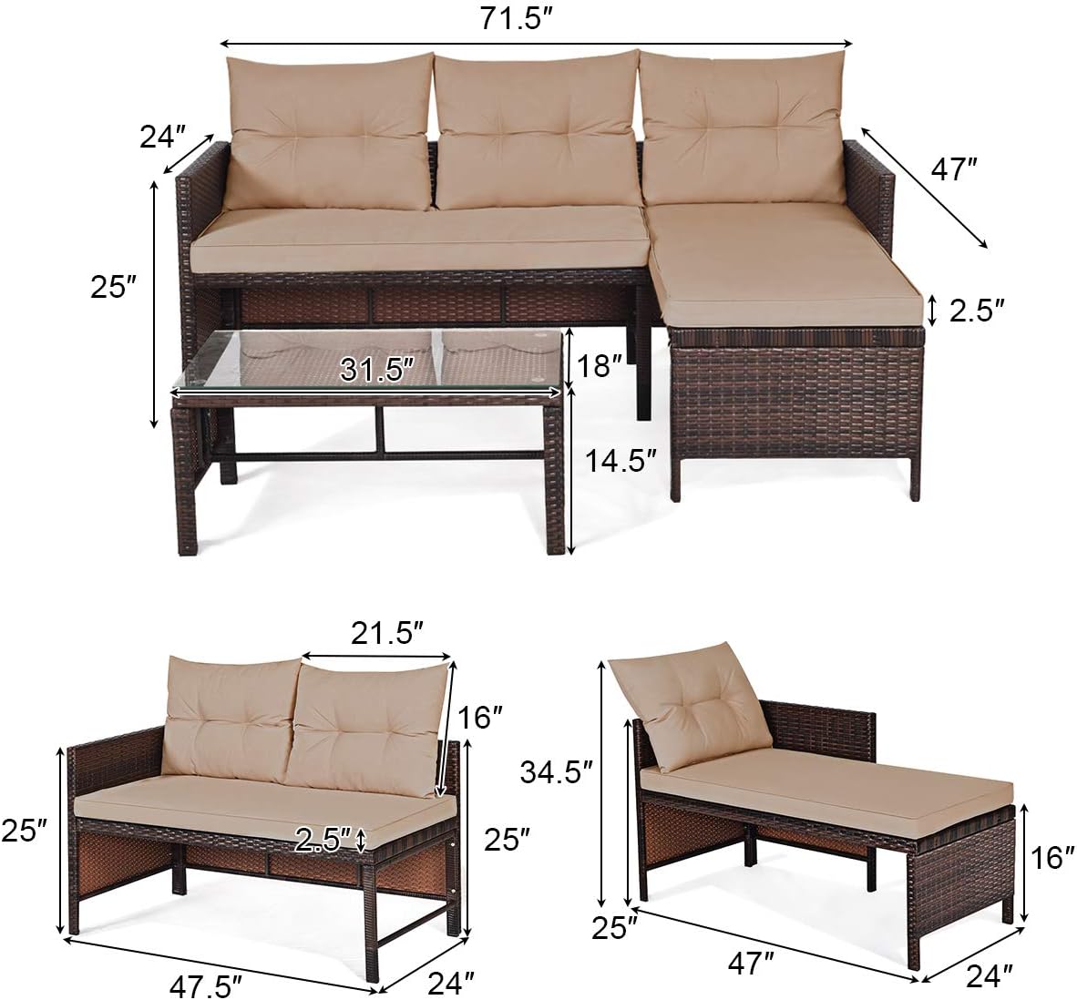 HAPPYGRILL 3-Piece Outdoor Rattan Sectional Sofa Set Patio Wicker Rattan Conversation Furniture Set, Steel Frame & Seat Cushion, Perfect for Garden Lawn Pool Backyard