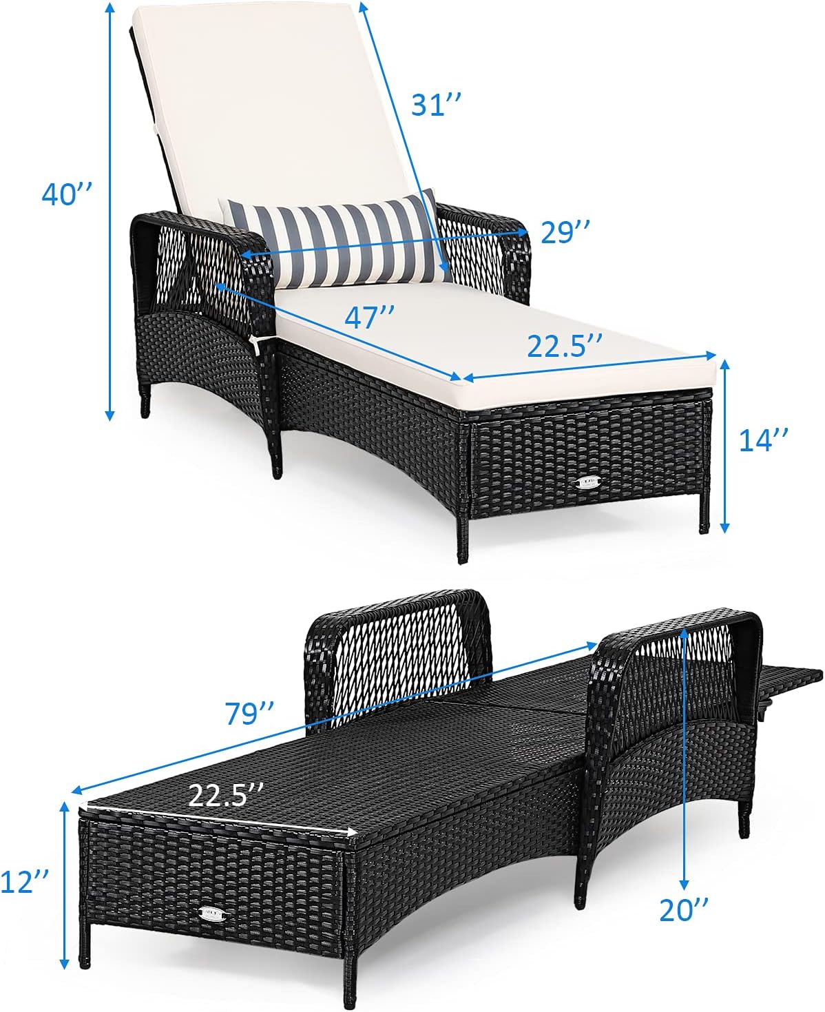 Tangkula Wicker Chaise Lounge Outdoor, Patio Rattan Reclining Chaise with 6-Gear Adjustable Backrest, Thick Padded Cushion & Removable Lumbar Pillow, Pool Lounge Chairs for Outside Balcony Backyard