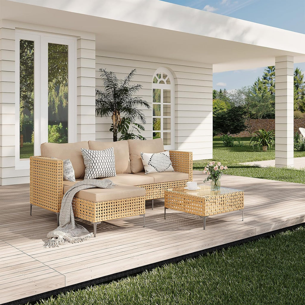 3-Piece L-Shaped Patio Furniture Set - Weather Resistant Wicker Sectional Sofa with Thick Cushions & Coffee Table for Small Spaces (Yellow/Beige)
