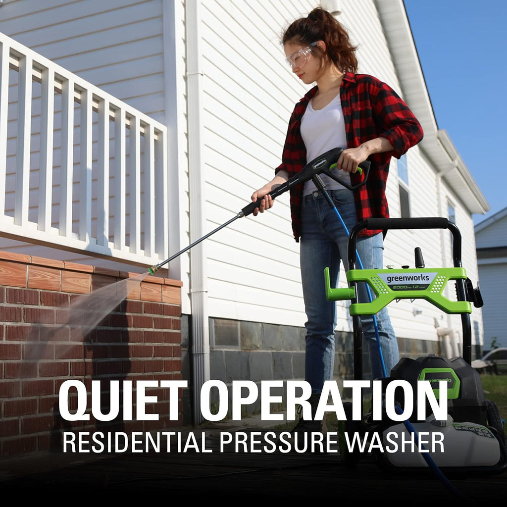 Greenworks 2000 PSI (1.2 GPM) Electric Pressure Washer, Steel Wand, On-Board Soap Tank (25°, 40°, Soap, and Turbo Nozzle)
