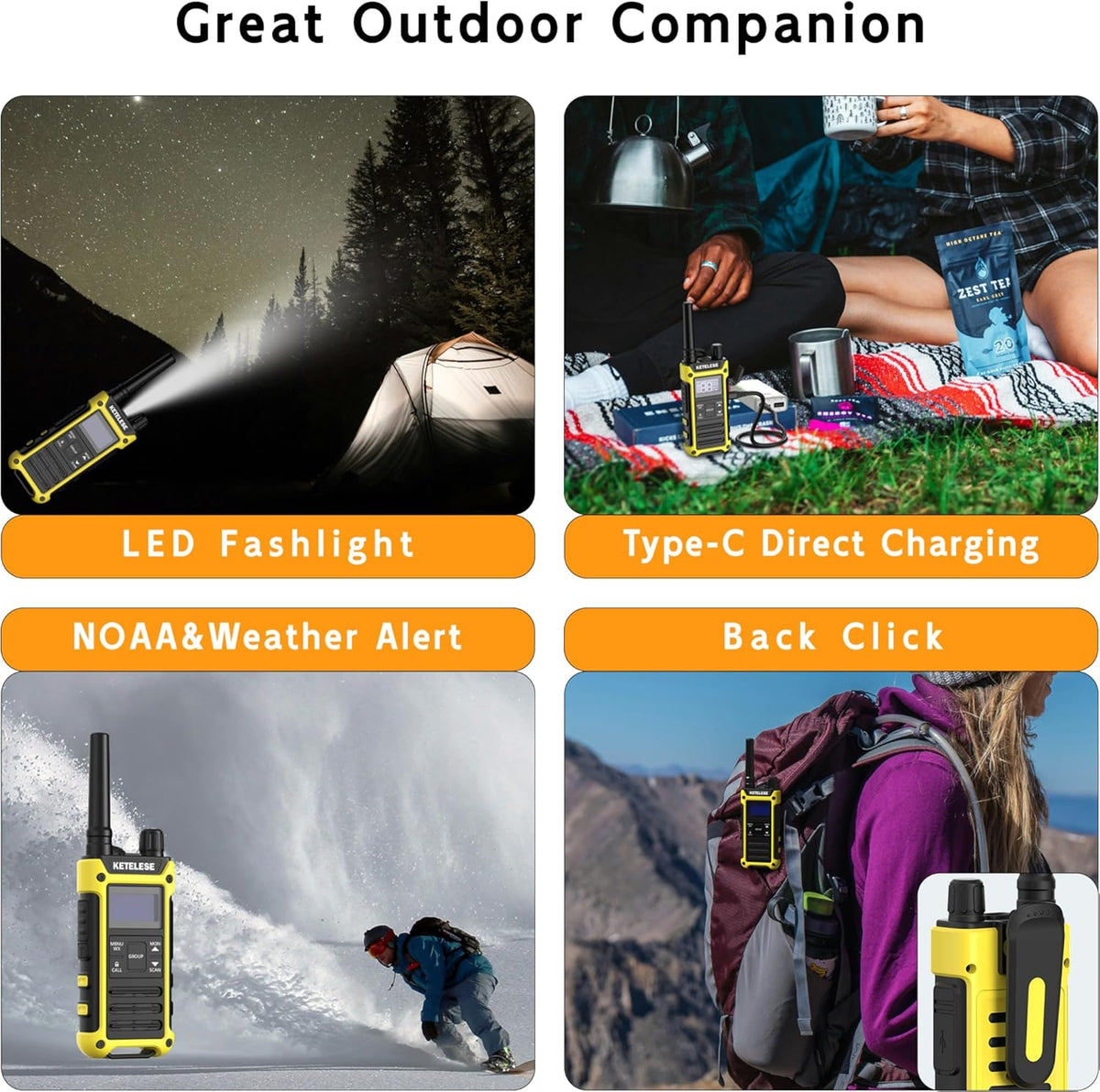 KETELESE T3F IP67 Waterproof Walkie Talkies, Rugged Two Way Radio with Earpiece, Triple Proof, Three Charging Options, FRS 2 Way Radio 22 Channels, NOAA, VOX (6 Pack), Black/Yellow