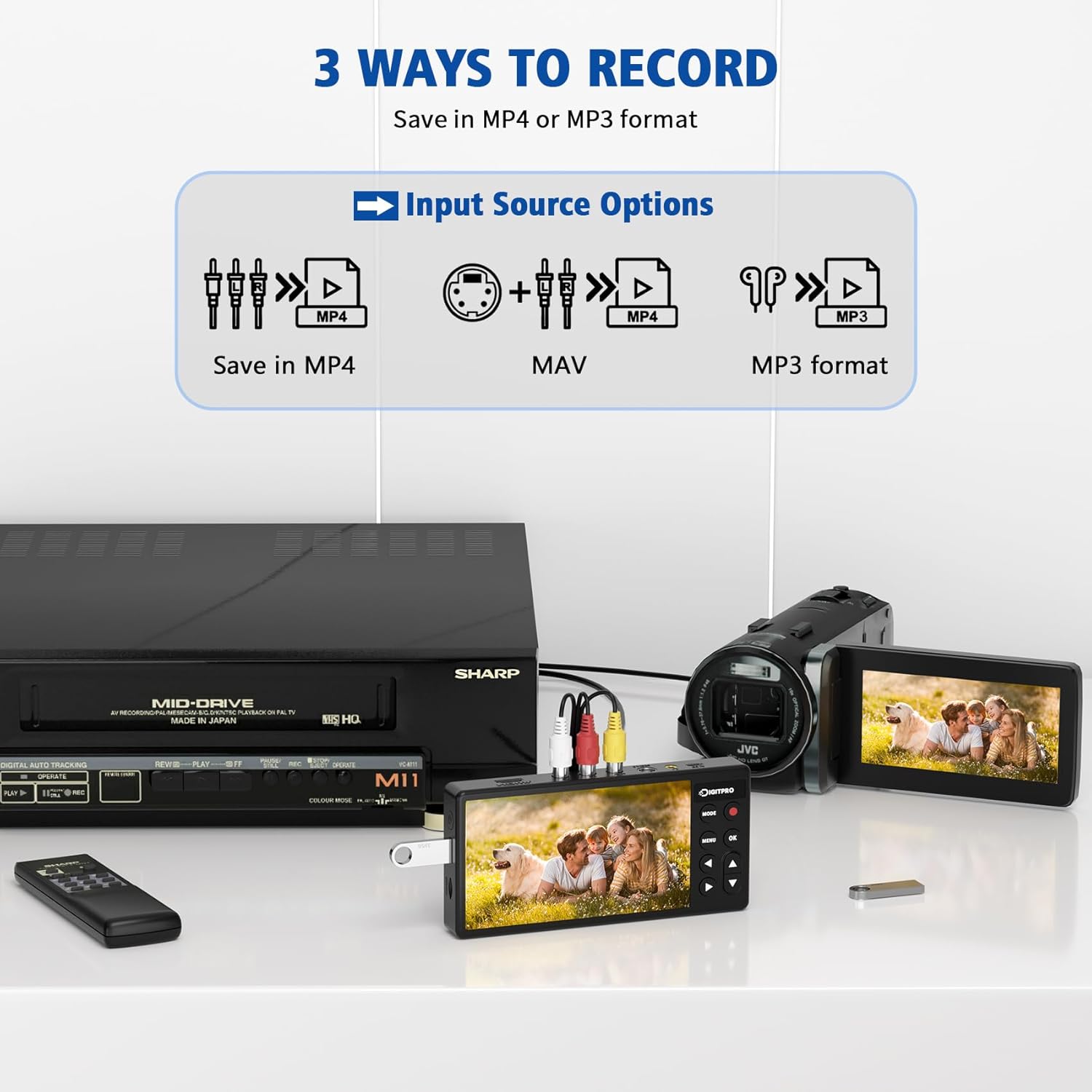 VHS to Digital Converter 3.0, 5” HD Video to Digital Recorder, Convert Video & Audio from Analog VCR, DVR, DVD, Hi8, Mini DV, Camcorder Cassette Tapes (Tapes/DVD Player Needed)