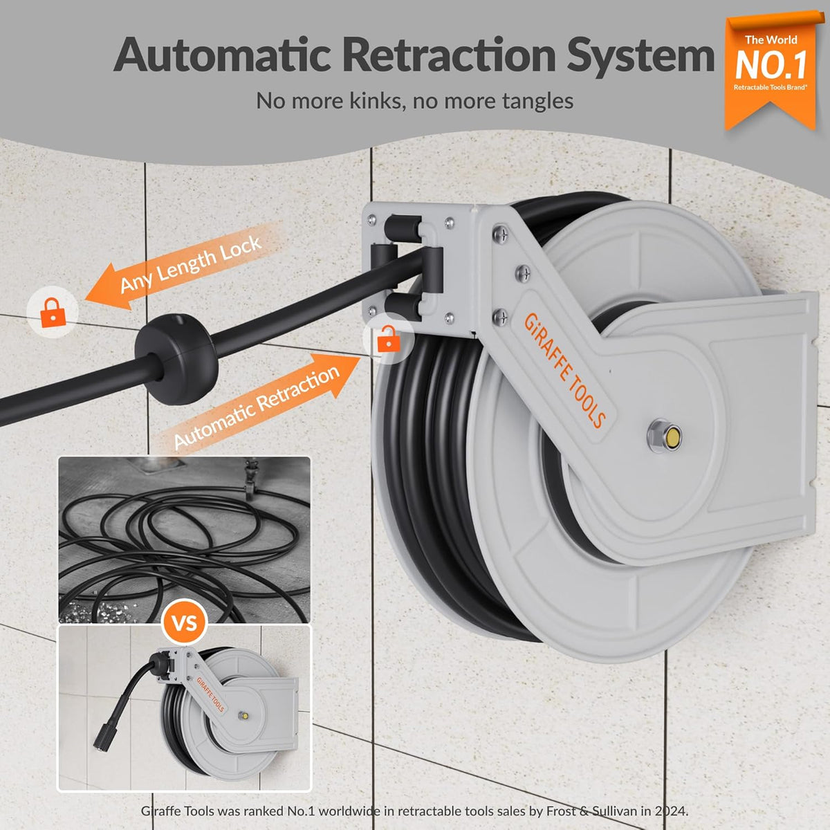 Giraffe Tools Pressure Washer Hose Reel 65ft, Power Washer Hose Reel, Pressure Washer Retractable Hose Reel, Heavy Duty, Wall/Floor Mounted, 2600 PSI