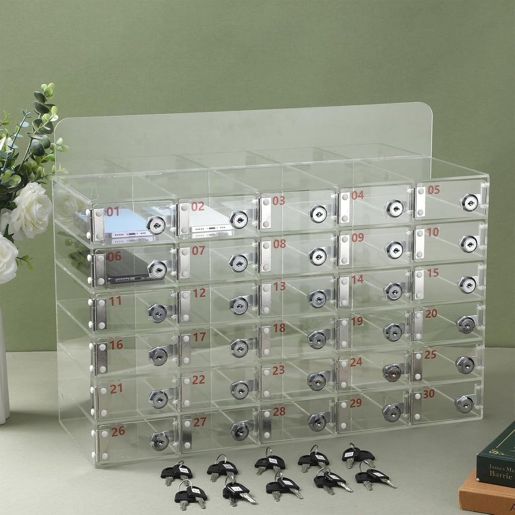 Threan 30 Slot Cell Phone Storage Box, Clear Cell Phone Storage Cabinet Wall Mounted, Including Door Locks and Keys for Office School Factory Classroom Students Staff