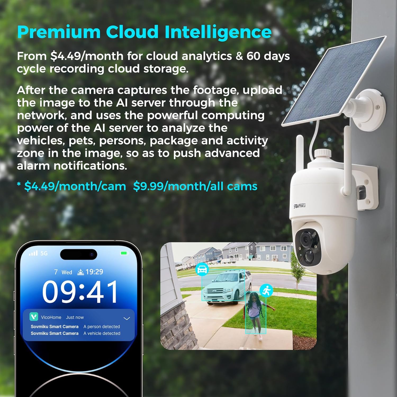 Vicohome 4CQ1 AI 2K Solar Security Camera Wireless Outdoor, Battery Powered,Two Way Audio,Motion Detection, 360° View,Easy to Setup,Color Night Vision,Audible Flashlight Siren,180 Days Care Plan