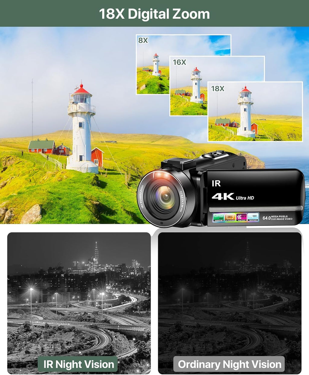 4K Video Camera Camcorder 64MP Vlogging Camera for YouTube 3.0" Touch Screen 18X Digital Zoom IR Night Vision with External Stereo Microphone,Remote,Lens Hood,Handheld Stabilizer,32G Card &2 Batteries