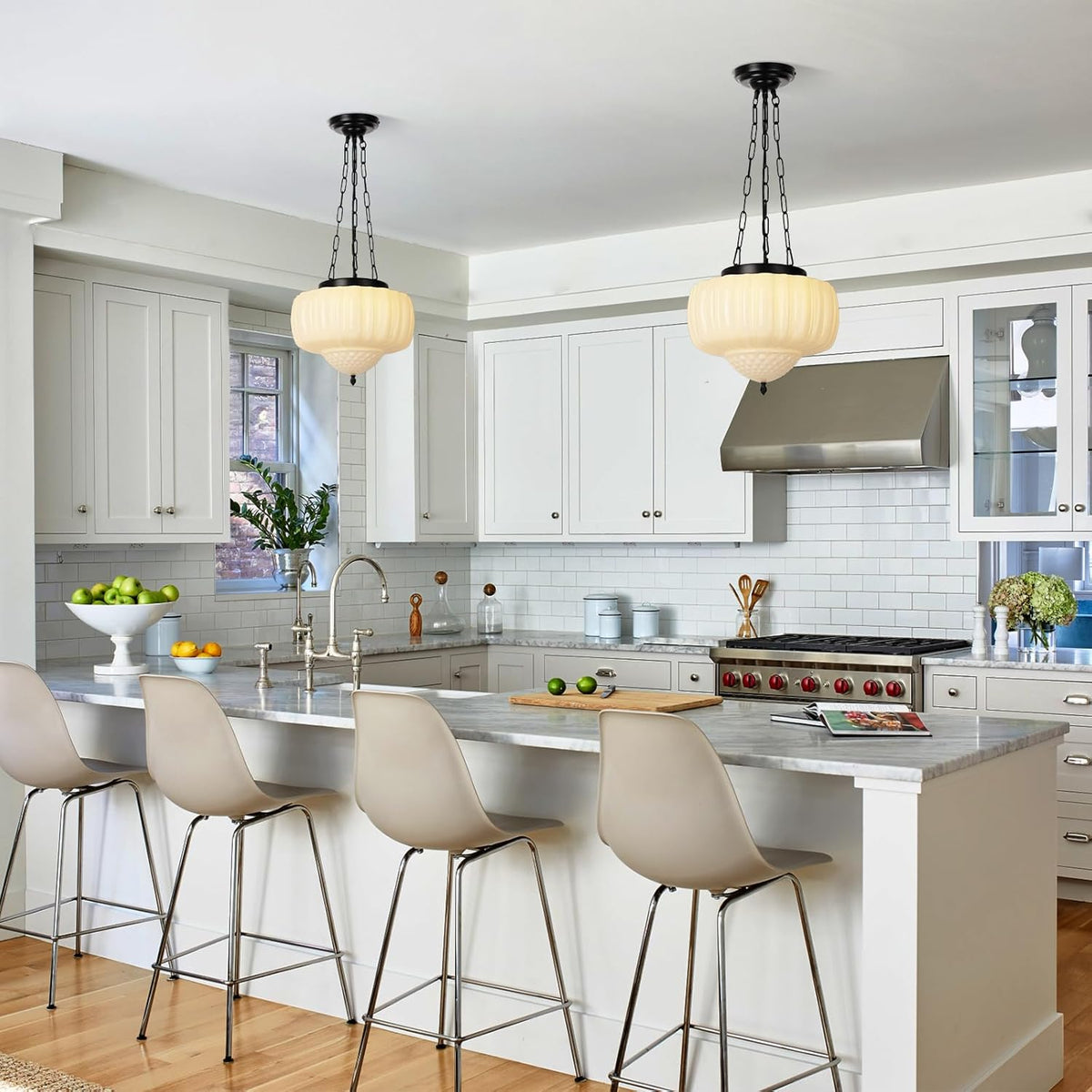 14" Vintage Milk Glass Pendant Light, Mid-Century Modern Schoolhouse Ceiling Chandelier, Vintage White Opal Flush Hanging Fixture for Kitchen Island, Dining Room, Bedroom, Living Room