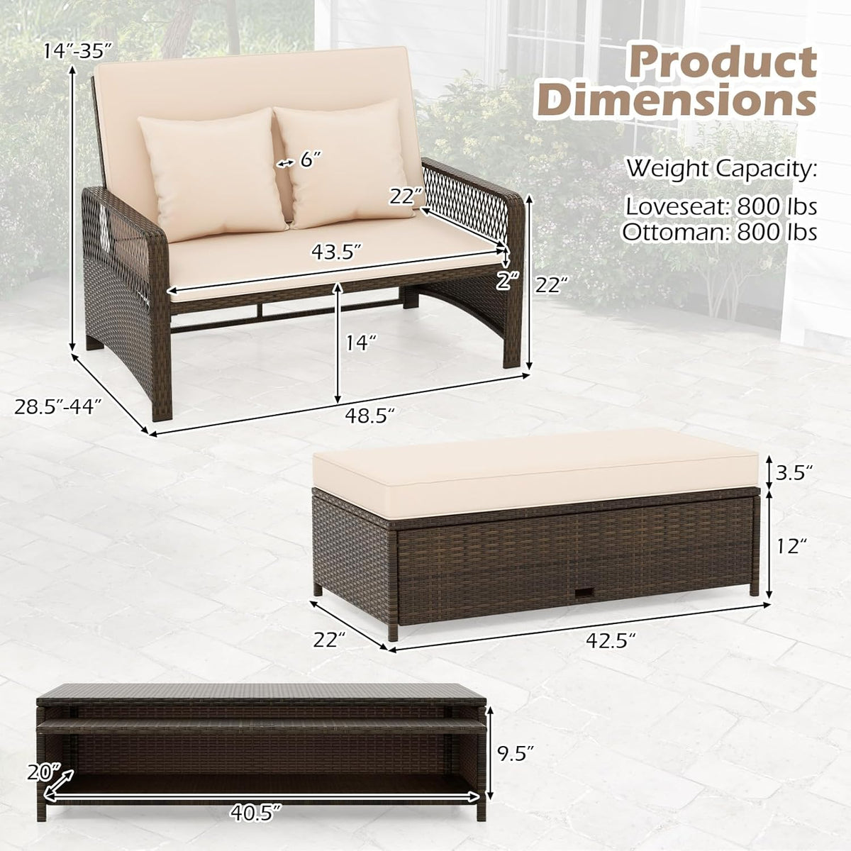 Tangkula Patio Rattan Daybed with 4-Level Adjustable Backrest, 2-Person Outdoor Wicker Loveseat with Storage Ottoman & Soft Cushions, Double Sunbed Lounger for Backyard, Porch, Poolside (Beige)