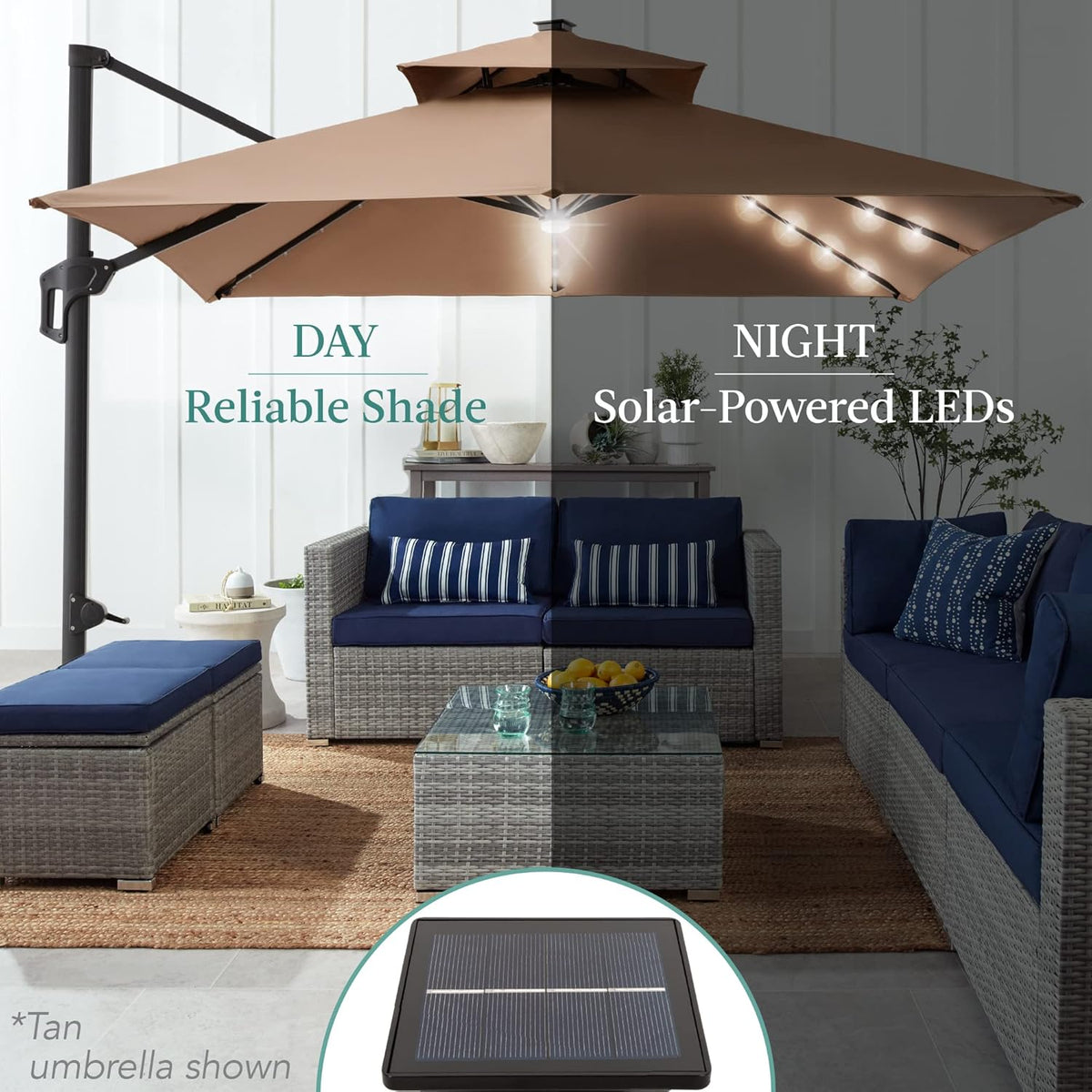 Best Choice Products 10x10ft Cantilever Patio Umbrella w/Base Included, Solar LED Lights 360 Rotation Large Offset Hanging Outdoor Shade for Deck Pool Backyard w/Stand – Brown