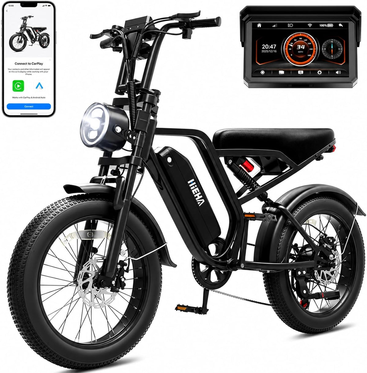 Electric Bike for Adults, 1500W Peak Motor Fat Tire Ebike 34 MPH 60 Miles Range with Apple CarPlay & Android Auto, 20" x 4.0" Full Suspension 7-Speed Electric Dirt Bike