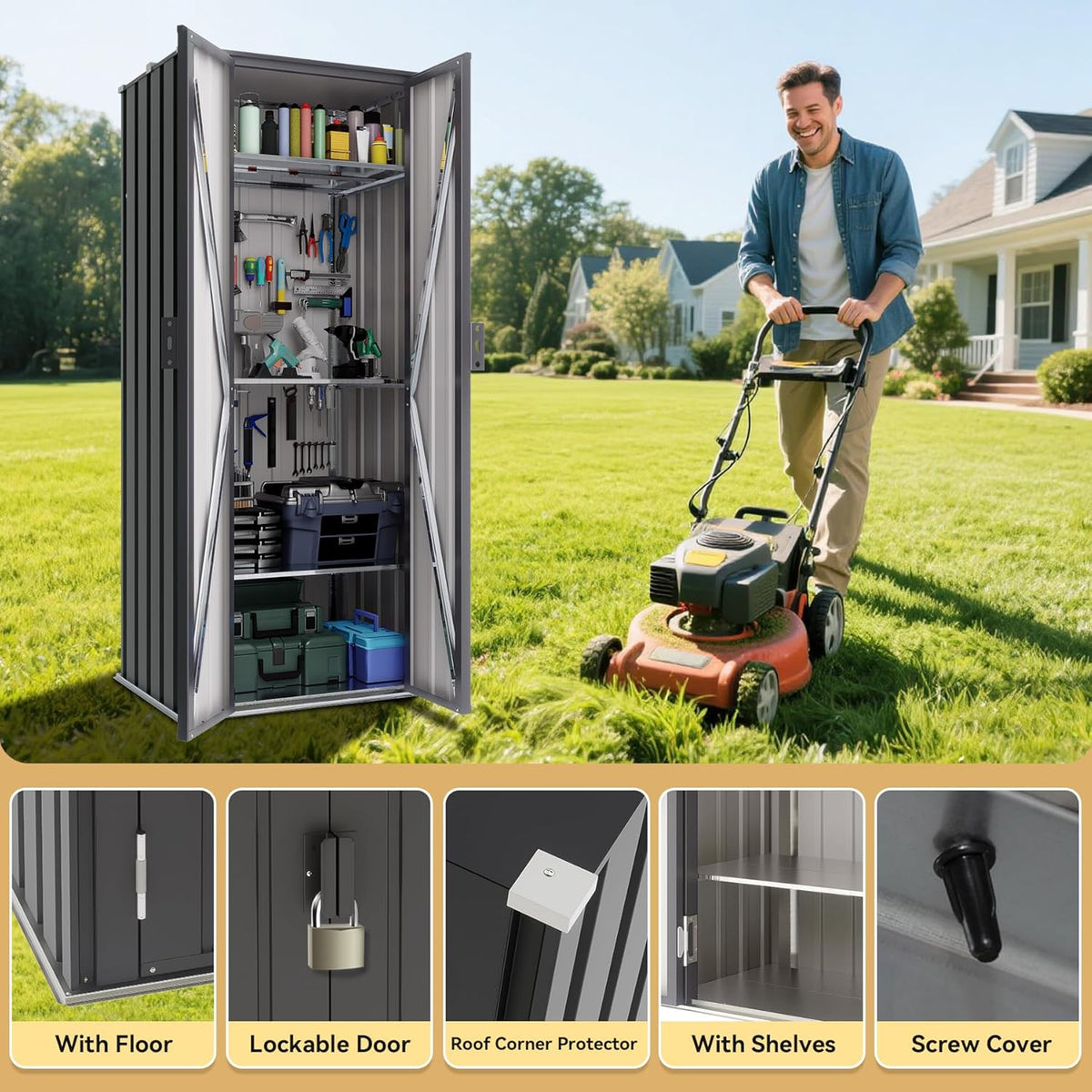 Greesum Outdoor Metal Storage Cabinet, 69'' Lockable Tall Shed, Vertical Tool Organizer with 2 Adjustable Shelves, for Garage, Patio, Backyard, Home & Lawn, Black
