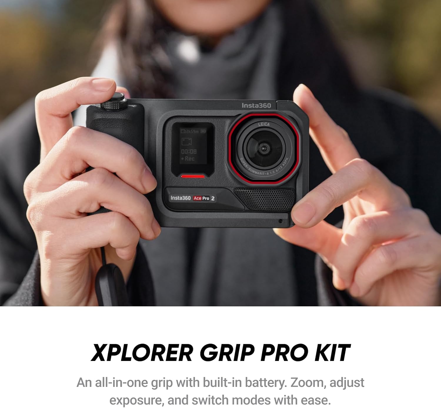 Insta360 Ace Pro 2 Xplorer Pro Bundle - 8K Waterproof Action Camera Co-Engineered with Leica, 1/1.3" Sensor, Dual AI Chip, Leading Low Light, Xplorer Grip Pro Kit for Street Photography