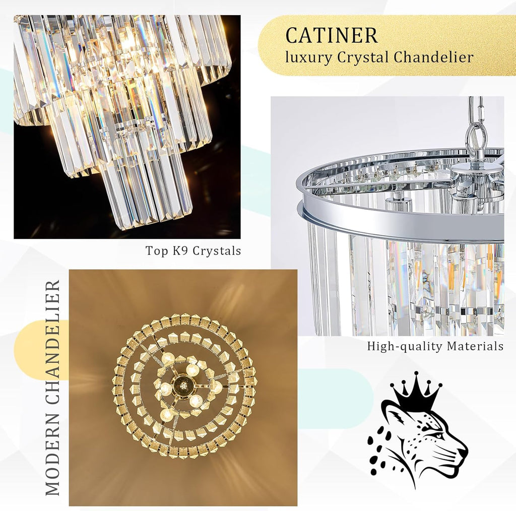 CATINER Modern Chrome Crystal Chandeliers 16" Small Pendant Light Luxury 3 Tiers 6-Light K9 Crystal Ceiling Pendant Round Light Fixture for Dining Room Entryway Kitchen Bedroom Closet