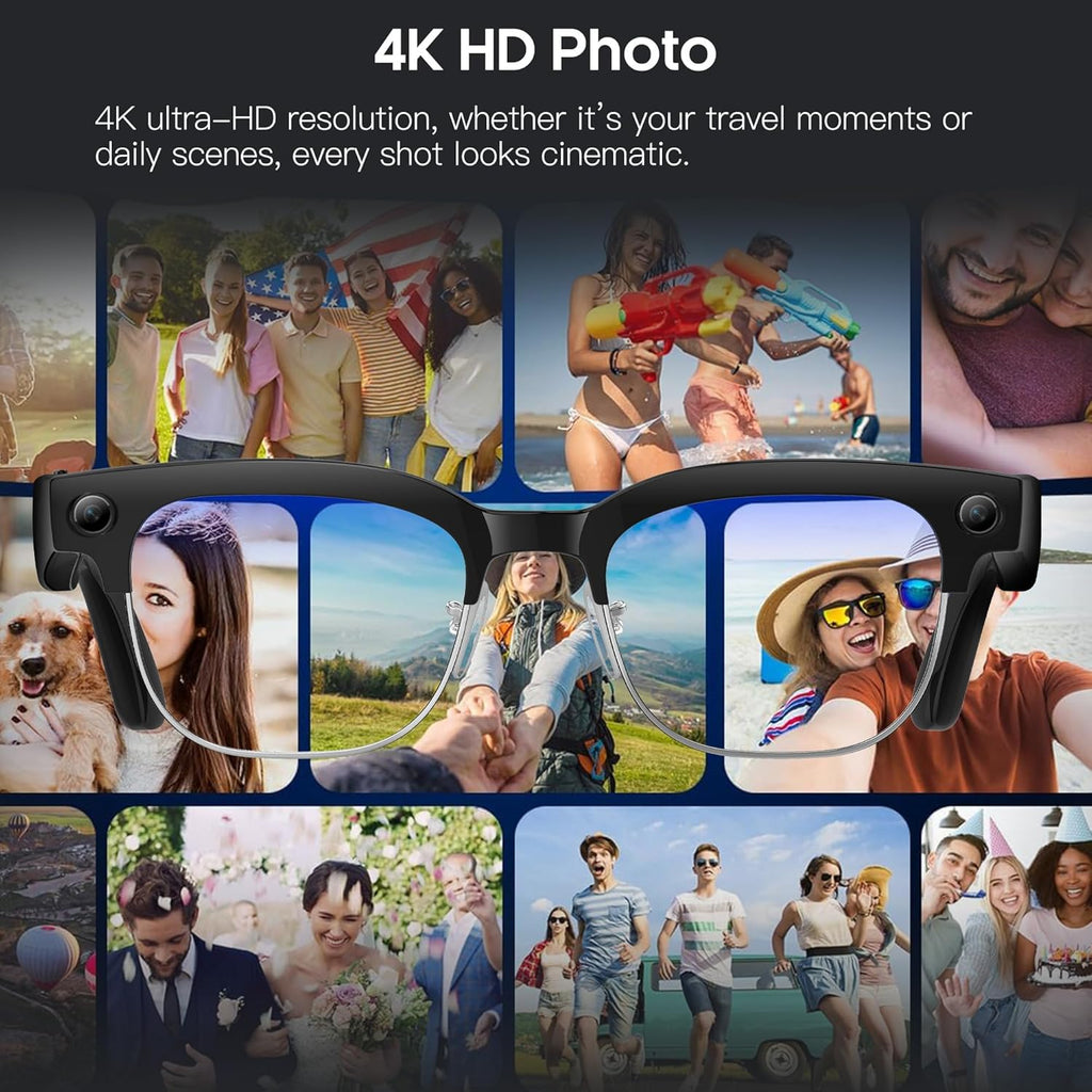 AI Smart Camera Glasses with HD 8MP Camera, 4K Photos & 1080P Video,Anti-Shake, 12Hours Music/Bluetooth Calls, Real-time Translation/GPT Object Recognition, IP66 Waterproof (Photochromic Lenses)
