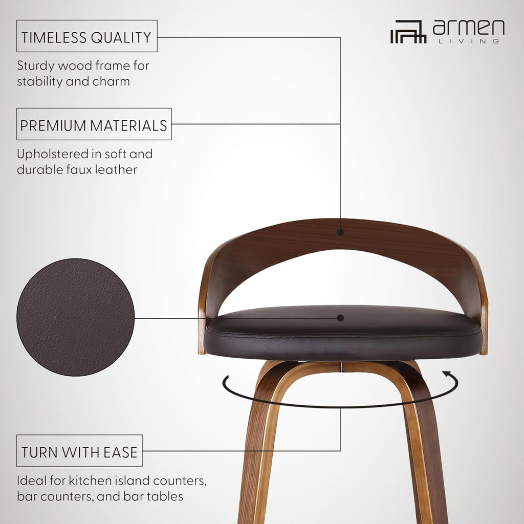 Armen Living Sonia 26" Counter Height Swivel Brown Faux Leather and Walnut Wood Bar Stool - Set of 2