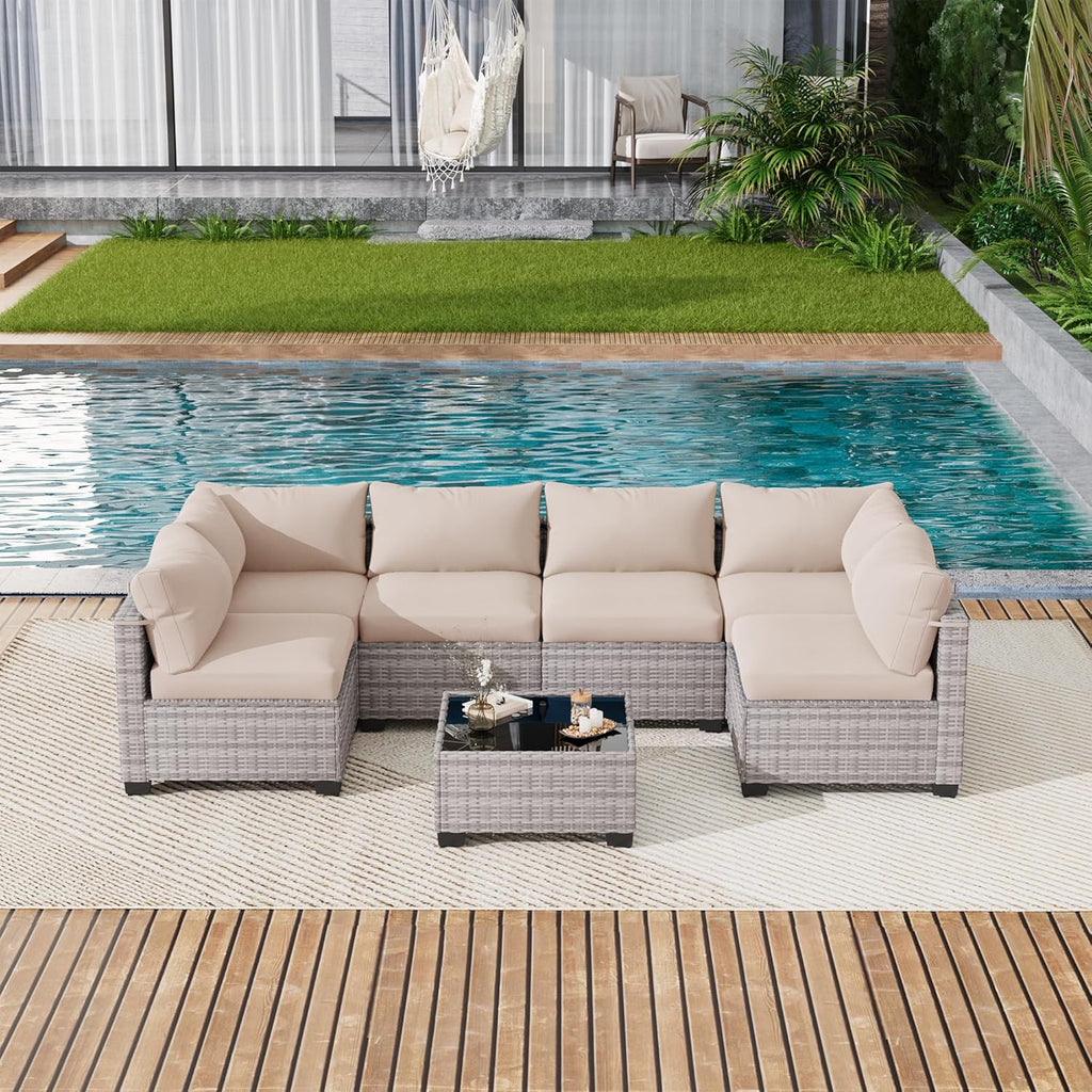 LOUVIXA 7 Piece Outdoor Patio Furniture Set, Outdoor Sectional Sofa, Wicker Rattan Patio Furniture, Patio Conversation Set with Coffee Table & Cushions