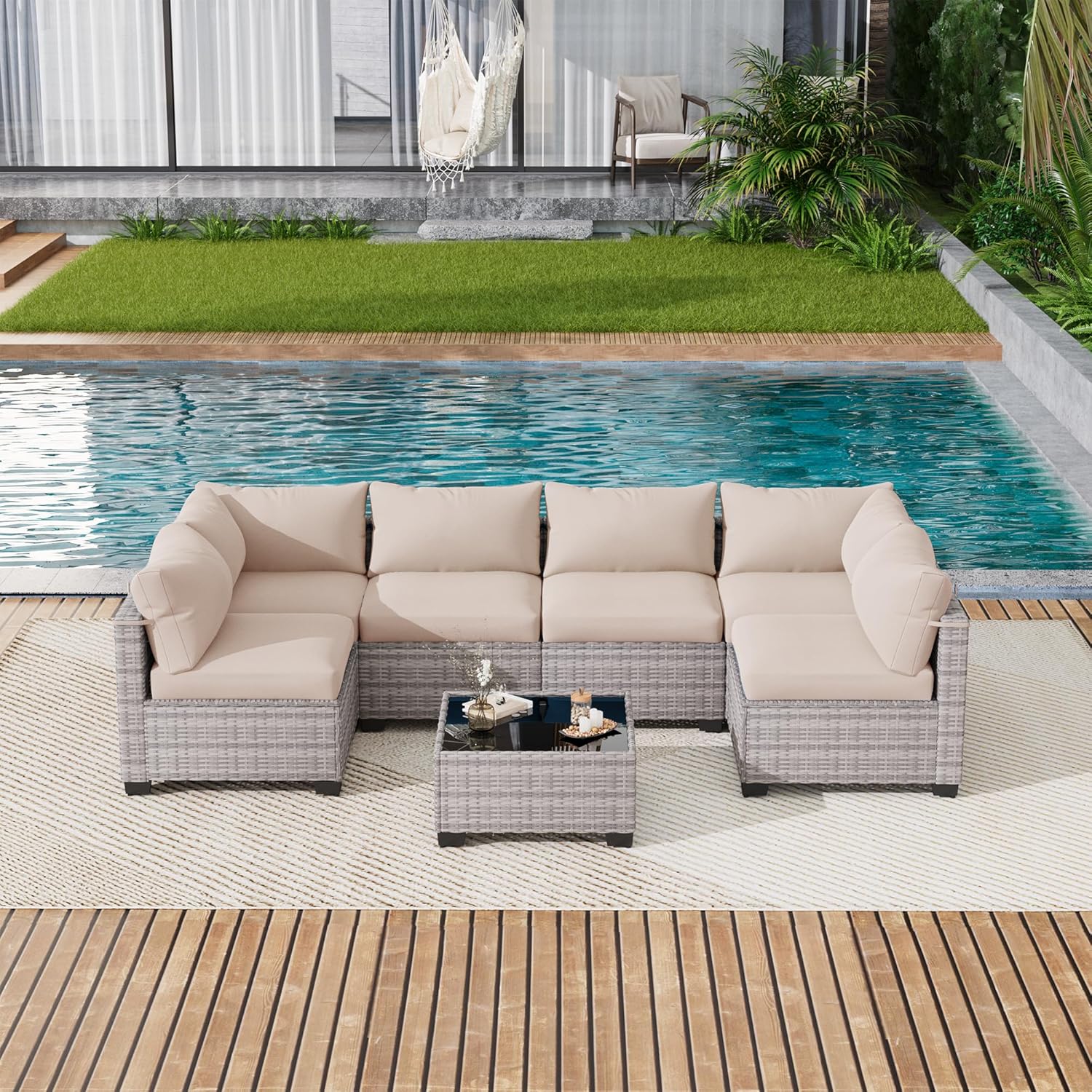 LOUVIXA 7 Piece Outdoor Patio Furniture Set, Outdoor Sectional Sofa, Wicker Rattan Patio Furniture, Patio Conversation Set with Coffee Table & Cushions