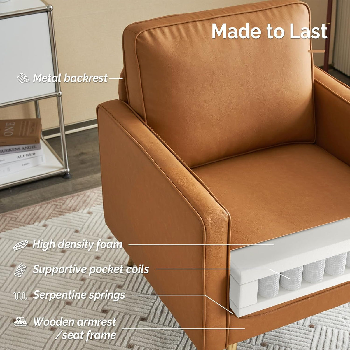 VINGLI Modern PU Leather Accent Chair for Living Room,Bedroom Comfy Chair Arm Chair Reading Chair with Golden Metal Legs and Deep Seat for Office,Apartment,Small Space,Cognac