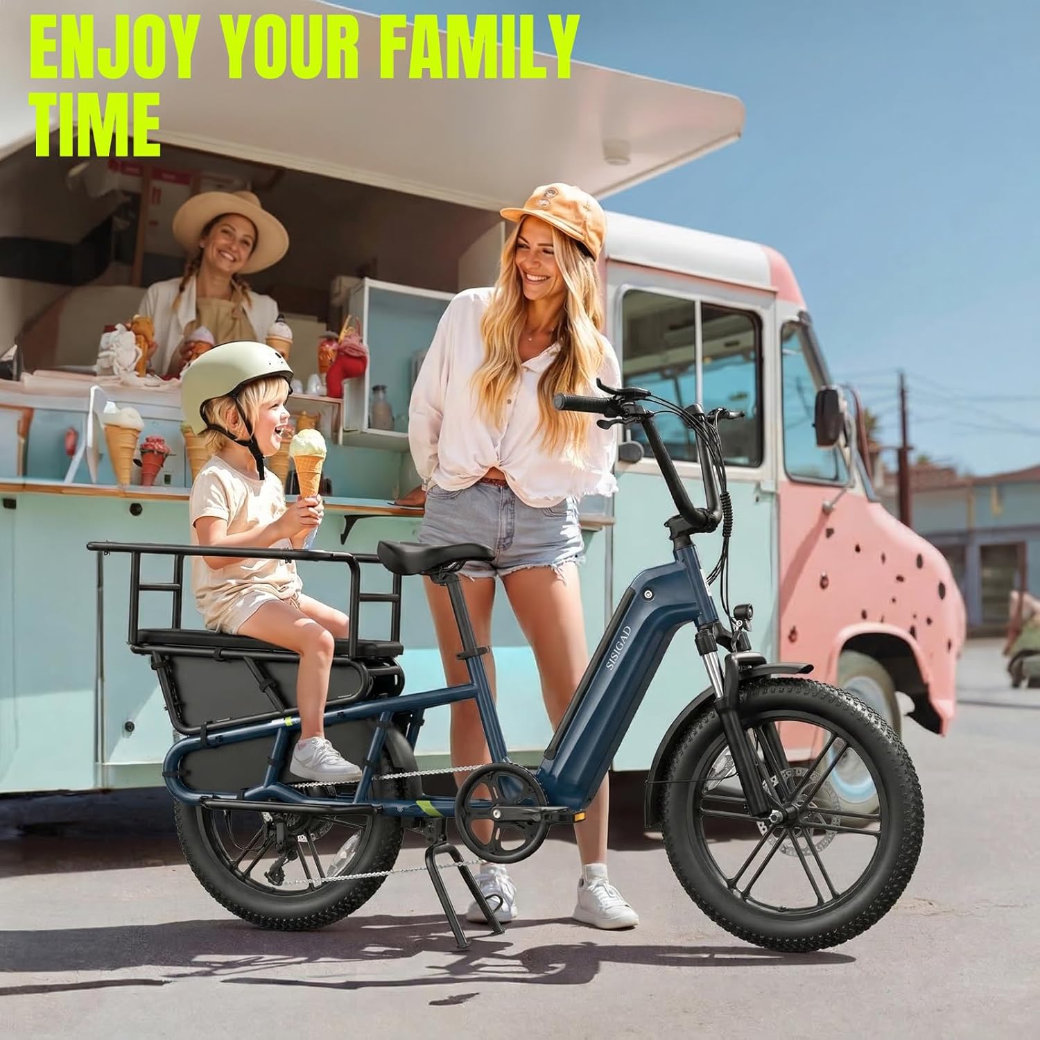 SISIGAD Family Electric Bike with Child Seat - Peak 1500W Motor, 20" Fat Tire Ebike, 48V 15Ah Removable Battery, Step-Through Frame, Dual Hydraulic Brakes .LCD & APP Control, UL 2849 Certification
