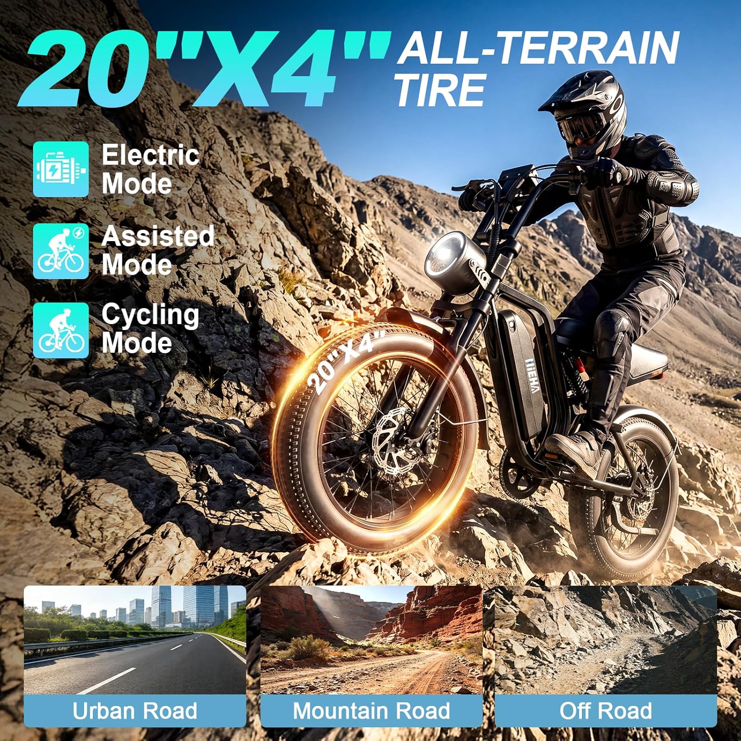 Electric Bike for Adults, 1500W Peak Motor Fat Tire Ebike 34 MPH 60 Miles Range with Apple CarPlay & Android Auto, 20" x 4.0" Full Suspension 7-Speed Electric Dirt Bike