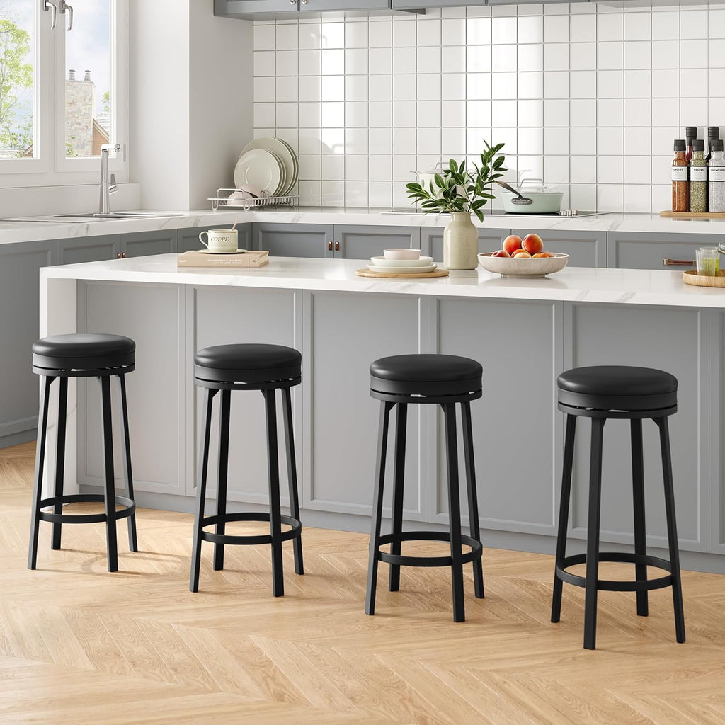 IDEALHOUSE 30'' Swivel Bar Stools Set of 4 with Footrest, Modern Counter Height Barstools with PU Leather Upholstered and Metal Frame, Backless Round Bar Stools for Kitchen Island, Black
