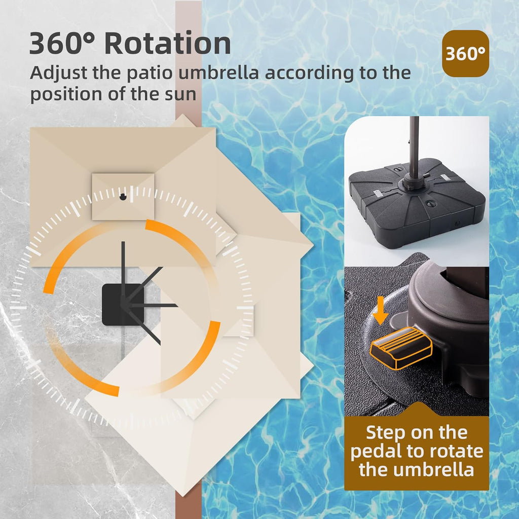 9x12 FT Patio Umbrella with Weighted Base and LED Lights Cantilever Outdoor Large Heavy Duty Rectangle Aluminum Offset Umbrellas Double Top 360 Rotation for Pool Deck Garden, Beige