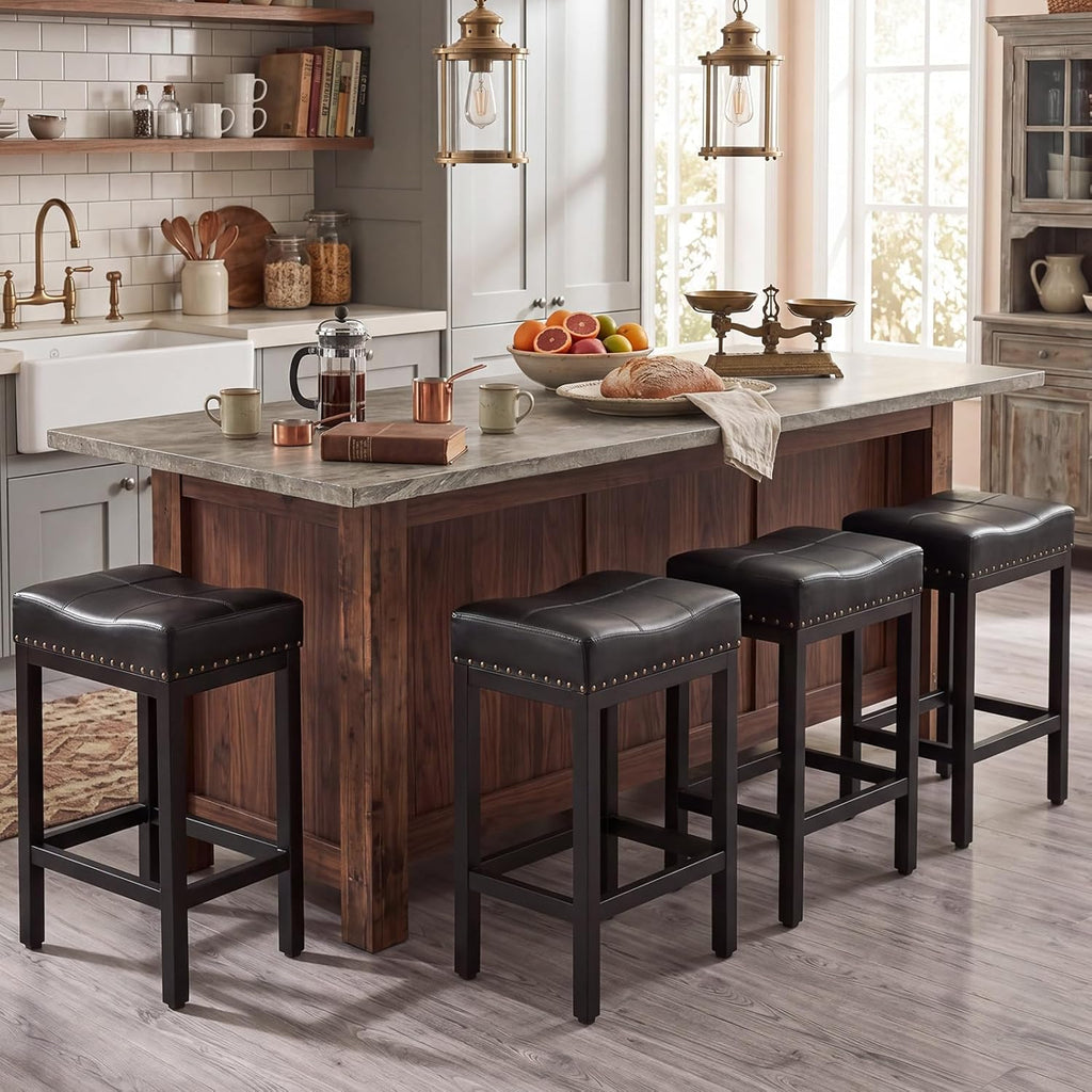 DUMOS Saddle Bar Stools Set of 4, 24 Inch Counter Height Stools with Curved PU Leather Surface, 3.7" Thick Upholstery Bar Height Stools with Footrest for Kitchen Island, Dining, Cafe, Black