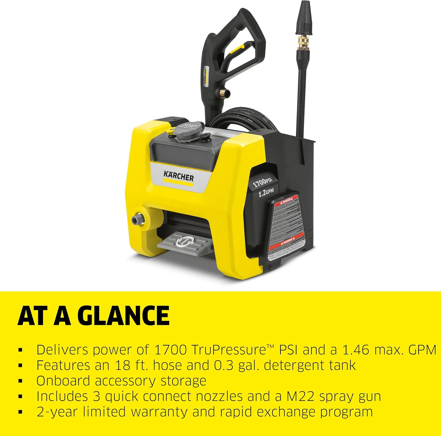 Kärcher Pressure Washer K1700 Cube, CETA Certified, 3 Spray Nozzles, Detergent Tank, for Cars, Driveways, Siding, Patios, 1.2 GPM