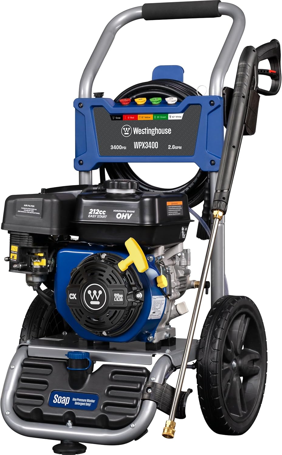 Westinghouse WPX3400 Gas Pressure Washer, 3400 PSI and 2.6 GPM, Onboard Soap Tank, Spray Gun and Wand, 5 Nozzle Set, for Cars/Fences/Driveways/Homes/Patios/Furniture