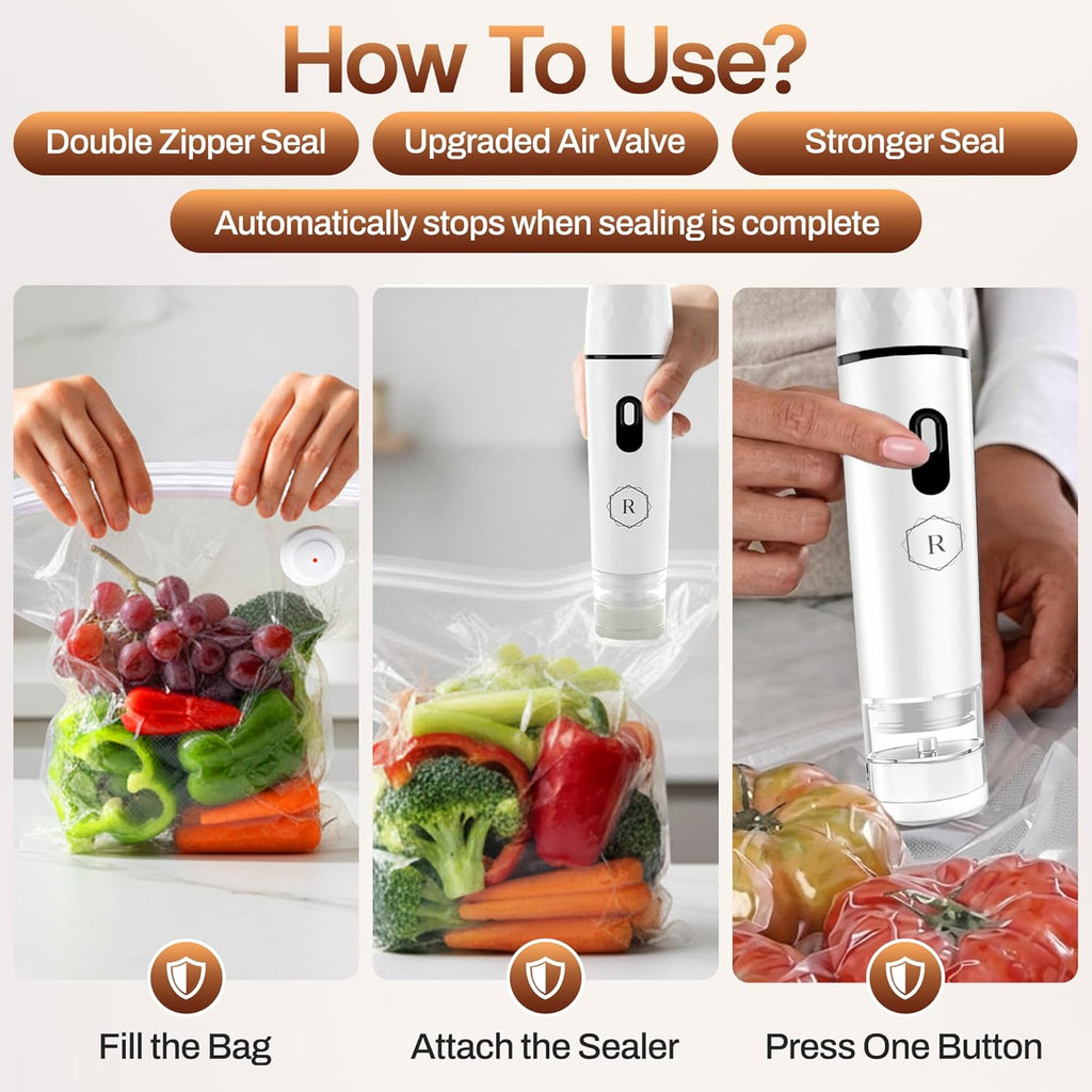 Compact Vacuum Sealer for Food - Powerful Handheld Vacuum Sealer with 30 BPA-Free Reusable Bags and 5 Clips, Rechargeable Cordless Sealer with Detachable Moisture Tank for Meal Prep, Freezer & Travel