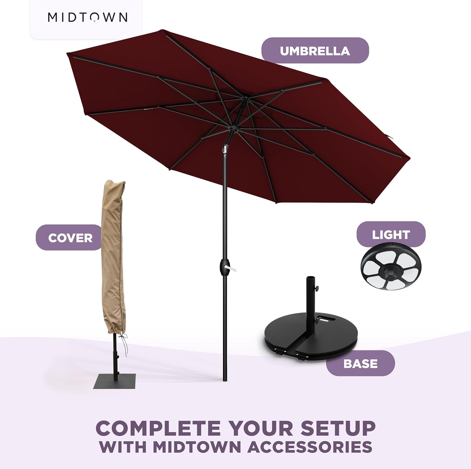 Midtown Umbrellas - The Lean 9 Ft Patio Umbrella with Fade-Resistant Sunbrella Fabric, Auto-Tilt Aluminum Frame and 8 Reinforced Ribs for Deck, Pool & Garden - Burgundy Canopy, Black Pole