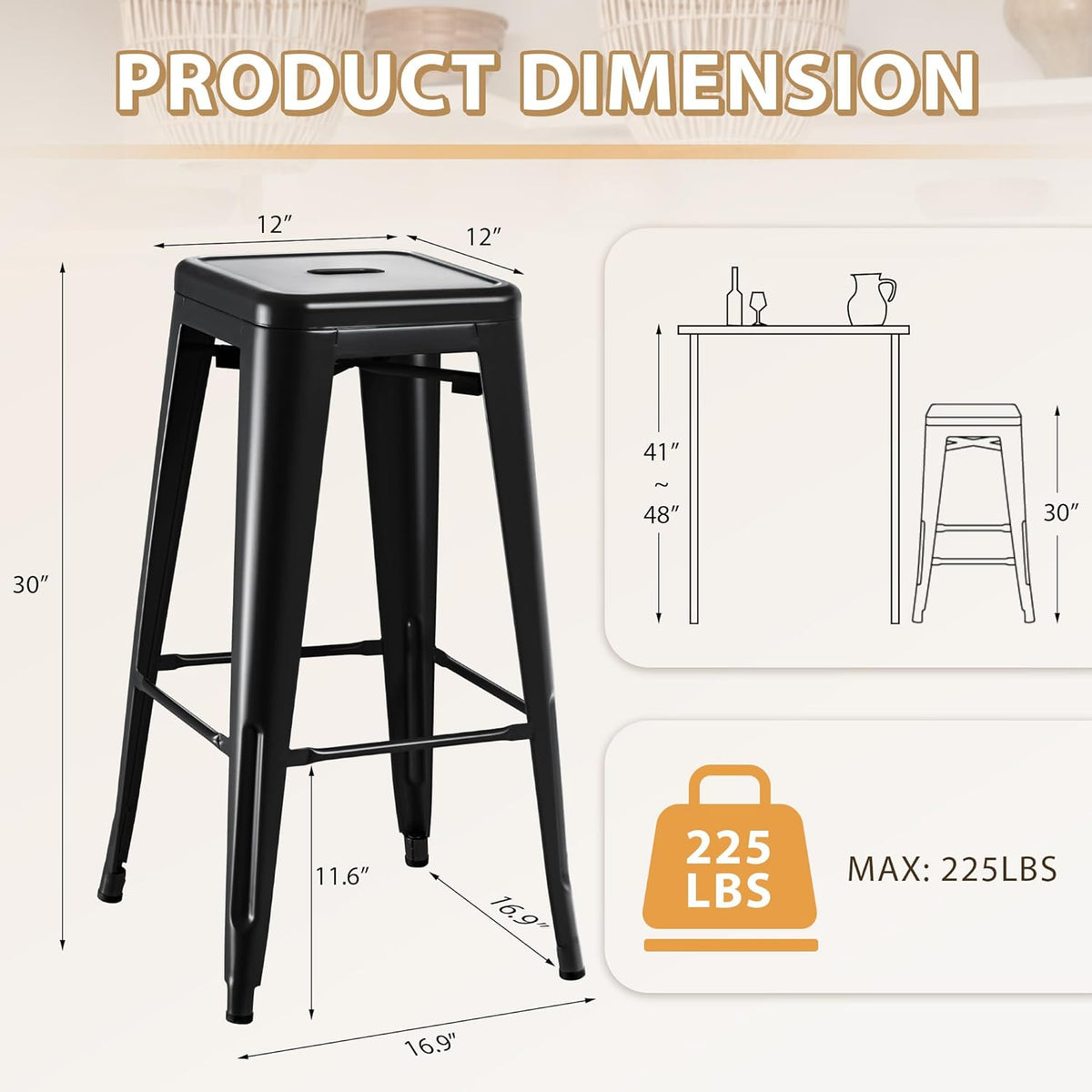 Furmax 30 Inch Metal Bar Stools Set of 4, Counter Height Stools, Industrial Bar Chairs Patio Stool Stackable Stool for Kitchen/Dining Room/Indoor Outdoor(Dark Black, 30'' Backless)