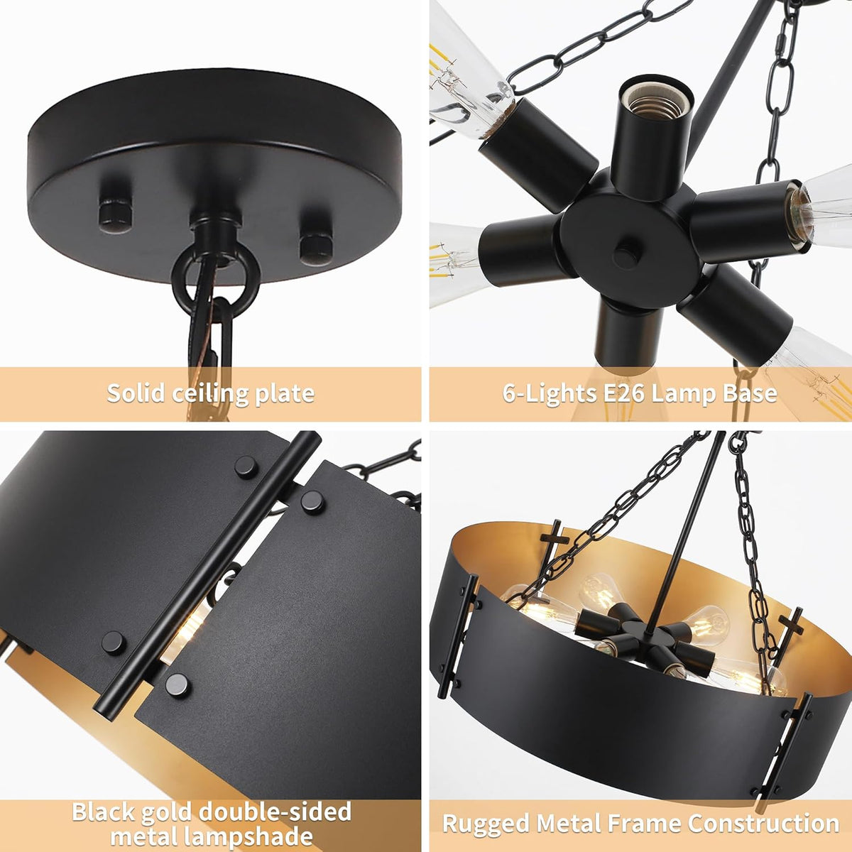 23.62'' Modern Drum Chandelier 6-Light Farmhouse Black and Gold Dining Room Light Fixture Industrial Large Pendant Lighting Rustic Hanging Light Fixtures Vintage Chandeliers for Living Room Kitchen