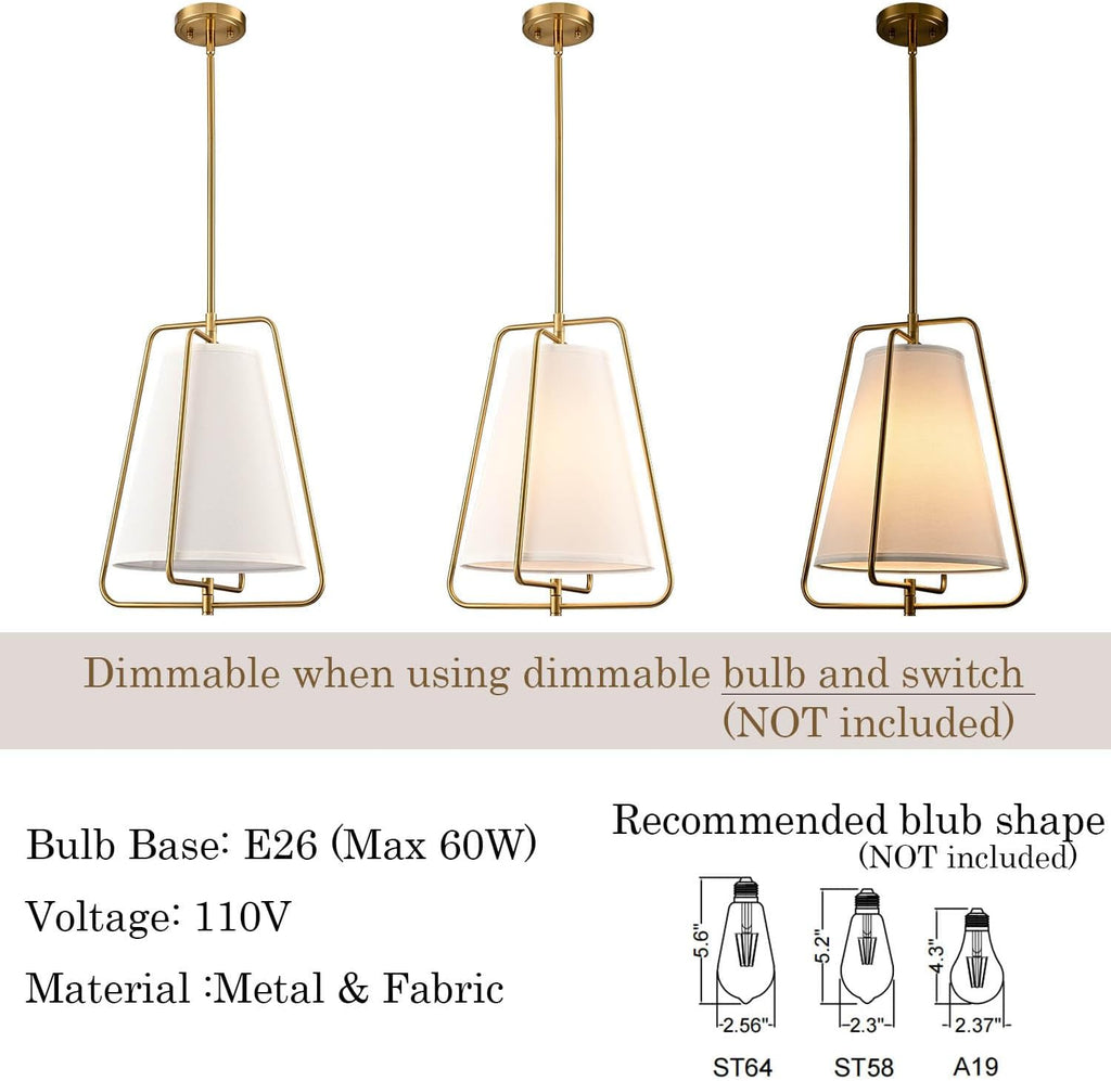 HYDELITE Vintage Gold Pendant Light with White Linen Fabric Adjustable Height Chandelier Brass for Living Room,Dining Room,Kitchen Island,Hallway