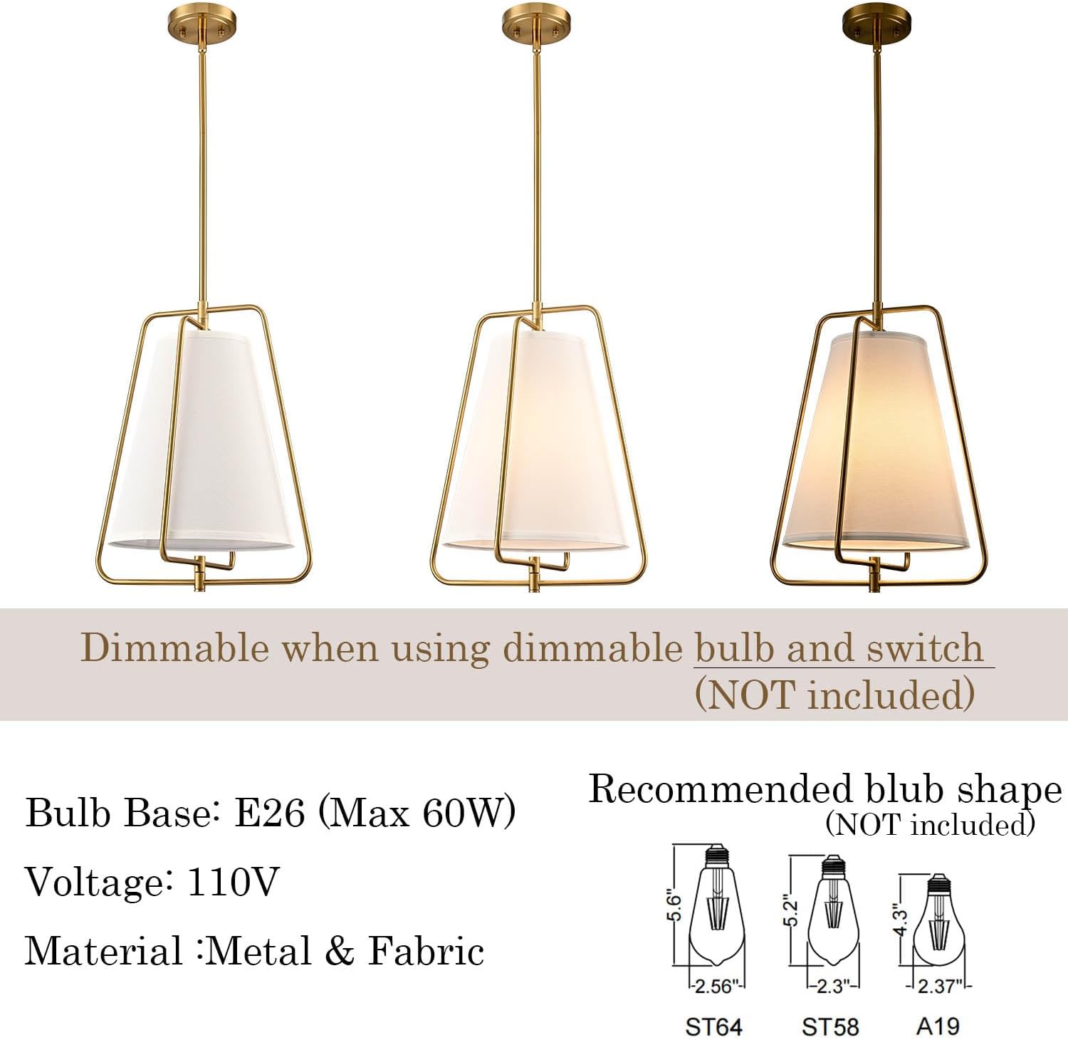 HYDELITE Vintage Gold Pendant Light with White Linen Fabric Adjustable Height Chandelier Brass for Living Room,Dining Room,Kitchen Island,Hallway