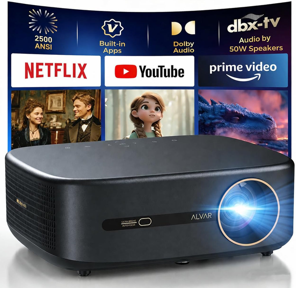 Alvar Smart Projector 2026 Upgraded, 2500 ANSI, 4K Supported, Built in NetfIix App, DoIby Audio & 50W Speakers, Auto Focus, WiFi 6, Bluetooth 5.3, Home Theater & Outdoor Movie Projector, Black