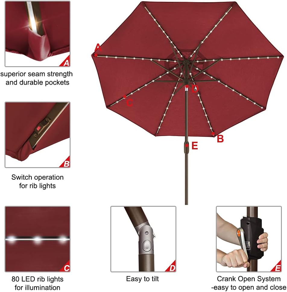 EliteShade USA 10-Year-Non-Fading 9ft Market Patio Umbrella, Commercial Grade Table Sun Umbrella with 80 Solar LED Lights, Crank Open, Windproof & UPF 50+ UV Protection for Garden, Deck, Pool, Backyard, Burgundy