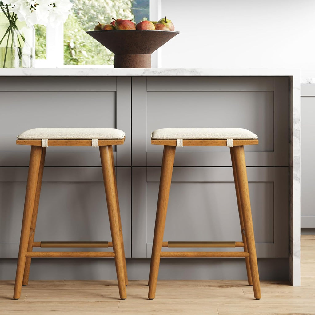 Nathan James Barker Counter Height Solid Wood Barstool with Upholstered Cushion, Backless Island Stool with Rubberwood Legs and Natural Textured Linen Upholstery for Kitchen, Brown/White, Set of 2