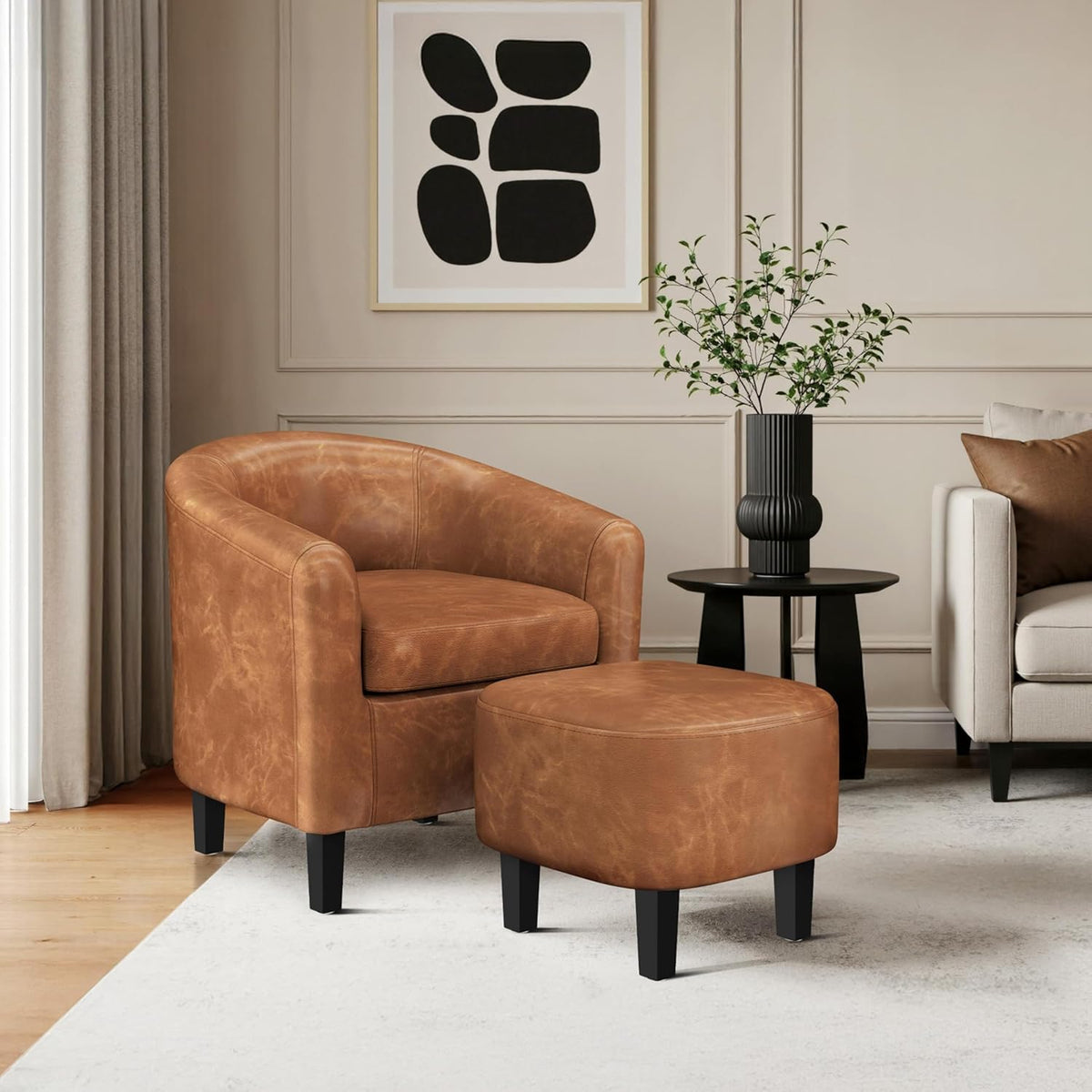 Yaheetech Accent Chair with Ottoman Footstool, PU Leather Modern Upholstered Soft Barrel Chair, Comfy Club Armchair and Footrest Set for Living Room/Bedroom/Reading Room/Guestroom, Brown