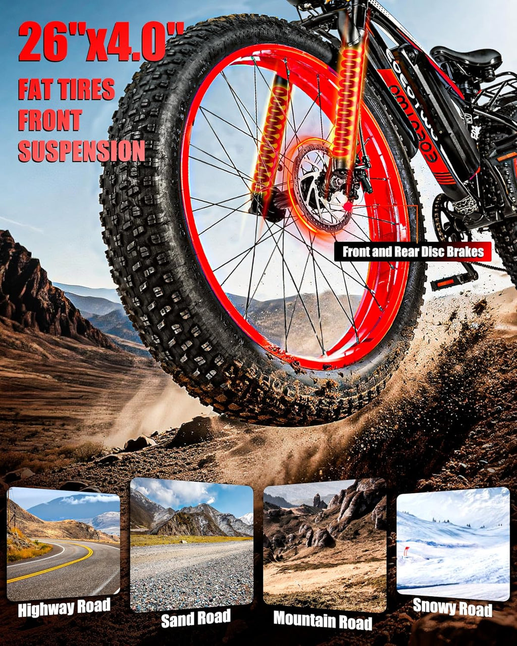 Electric Bike for Adults,1500W Peak Motor E Bikes, 26" Fat Tire Electric Bicycle, 20 MPH 60 Miles Electric Mountain Bike, Removable Battery, Dual Brake, 7 Speed
