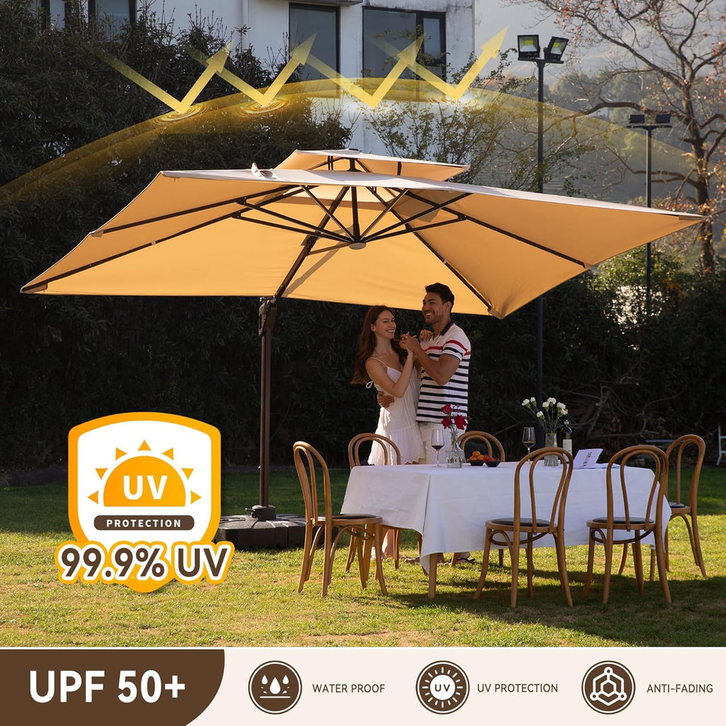 10 X 13 FT Cantilever Outdoor Patio Umbrella with LED Lights Large Heavy Duty 360° Rotation Double Top Offset Rectangular Umbrellas for Backyard Garden Pool Outside Deck, Beige