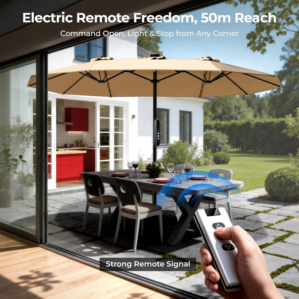 HOMSHADE 15FT Motorized Electric Large Patio Umbrella with Base and Solar Lights Outdoor, Double-Sided Rectangle Umbrella with Remote Control, 30° Auto-Open for Pool Deck Table Market Backyard, Beige